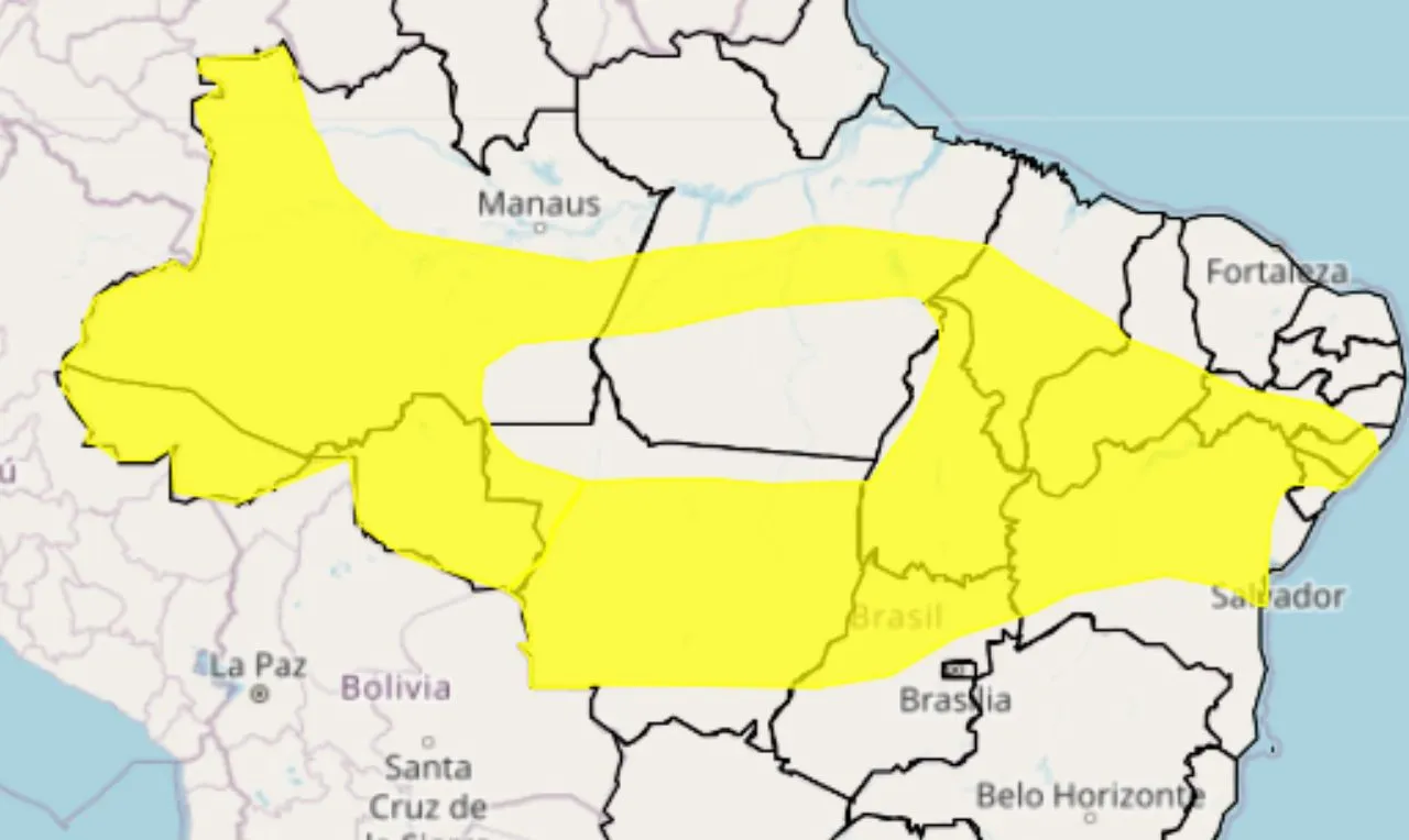 A imagem mostra as áreas em alerta para precipitações significativas para grande parte do Brasil